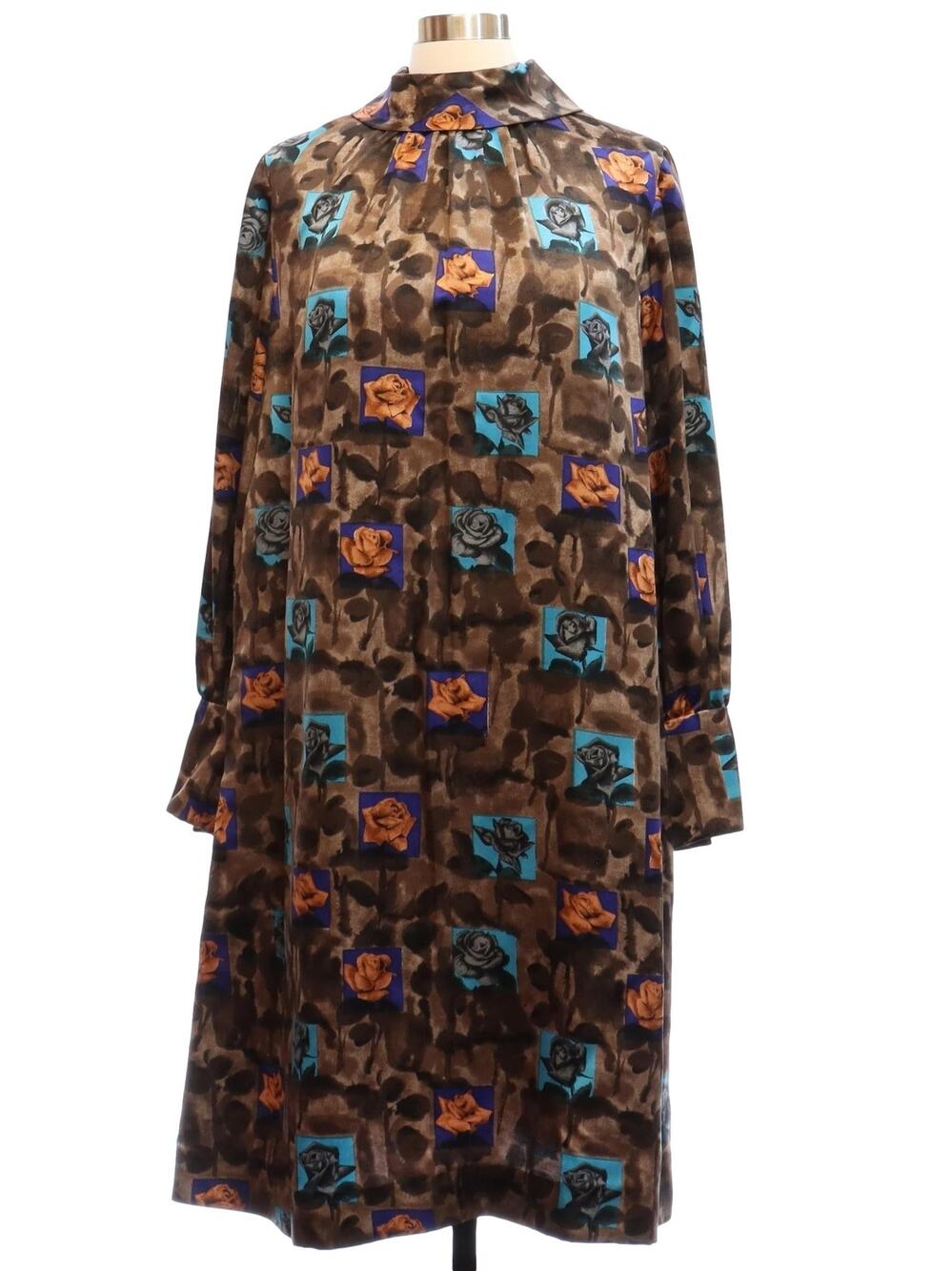 Vintage 1970s Brown Floral Polyester A-Line Midi Dress MOD Women's